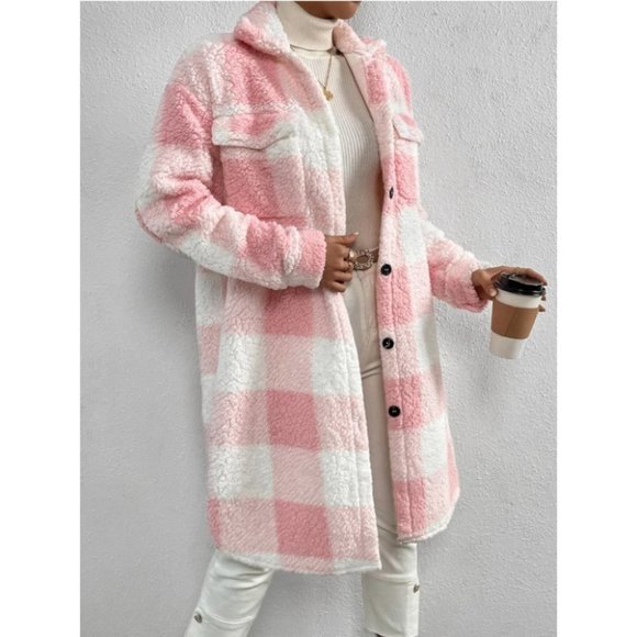Plaid Flap Pocket cozy comfy Teddy Coat Shacket Pink - Picture 3 of 7
